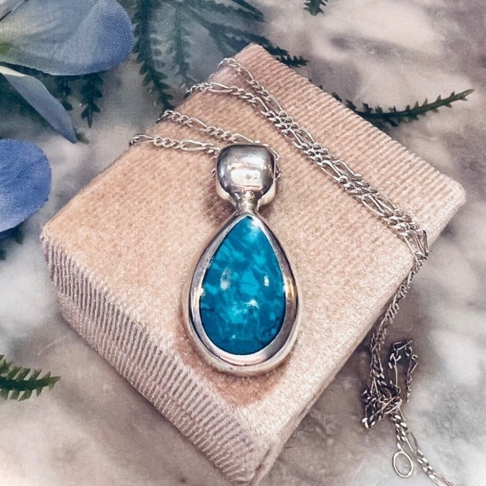 Vintage Handmade Turquoise Pendant Solid Heavy 925 Sterling Silver Mexico .925 - Picture 7 of 15